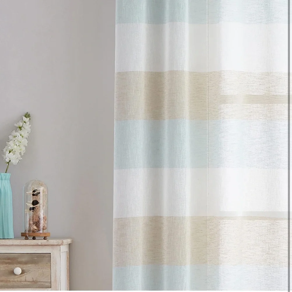 Spa Blue and Tan Stripe Sheer Curtains Coastal Color Block 40